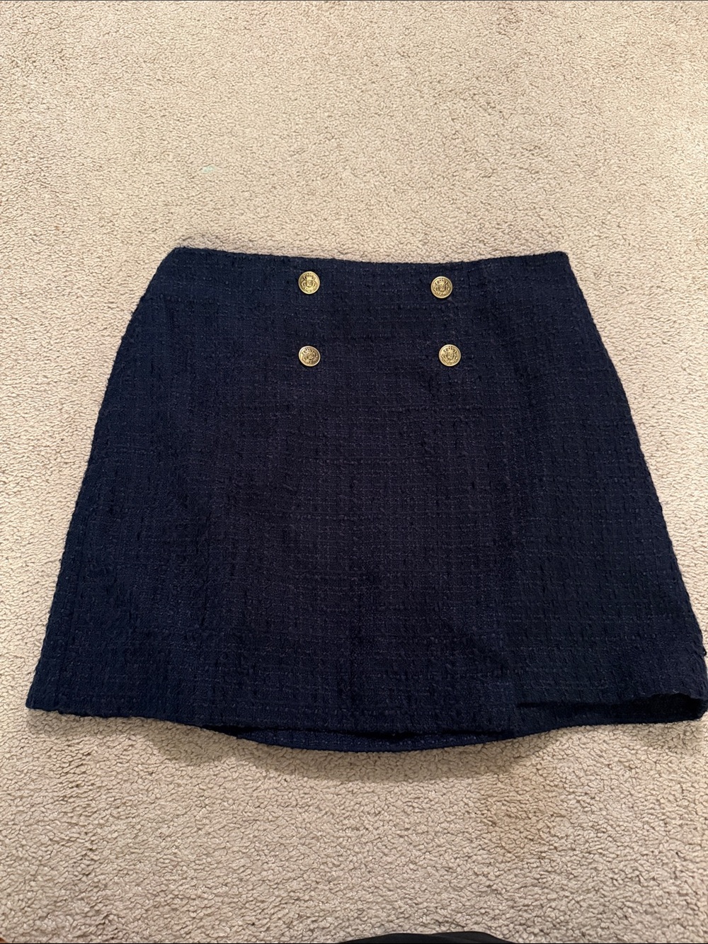 LOFT Tweed Navy Mini Skirt with Decorative Gold Buttons